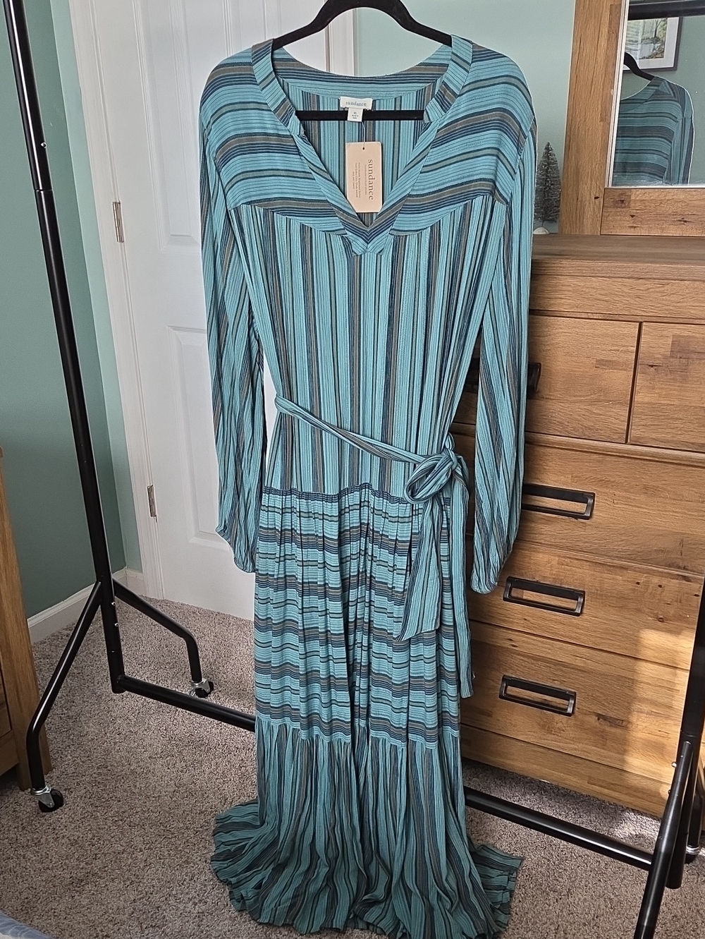 Sundance Teal and Brown Striped Maxi Dress with Waist Tie